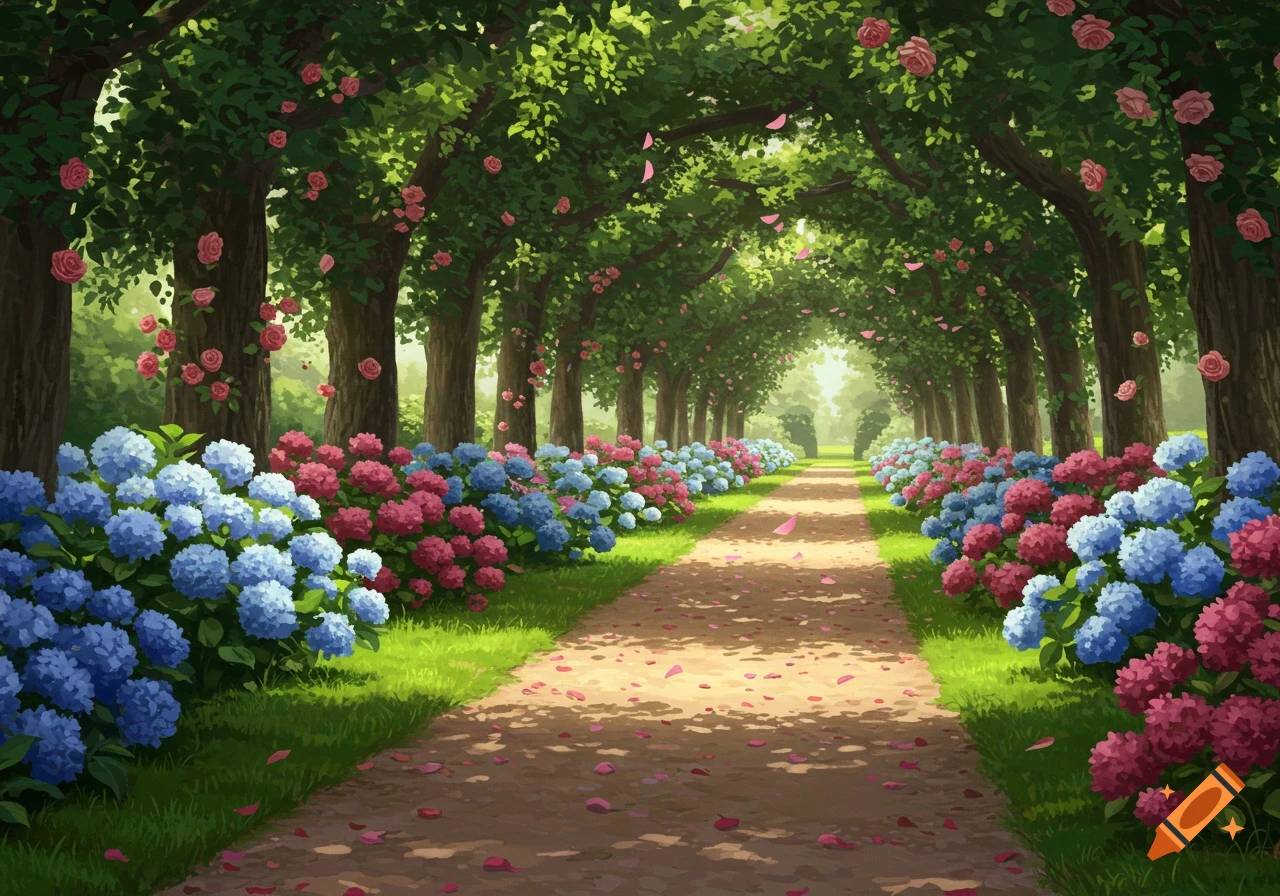 A long garden path lined with vibrant blue and pink hydrangeas under an archway of trees with pink roses, bathed in dappled sunlight.