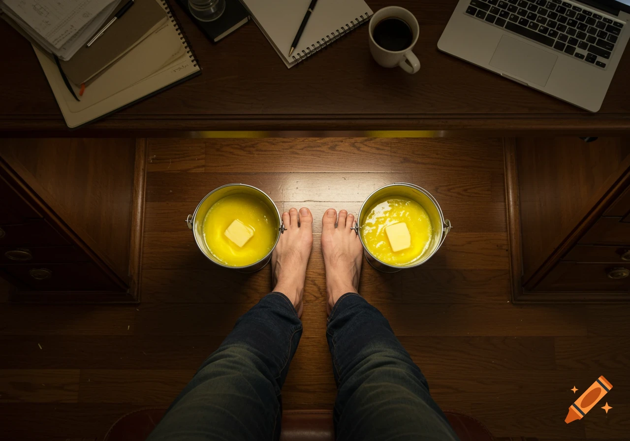 First-person view of bare feet soaking in two buckets of melted butter under a wooden desk with a laptop and coffee.