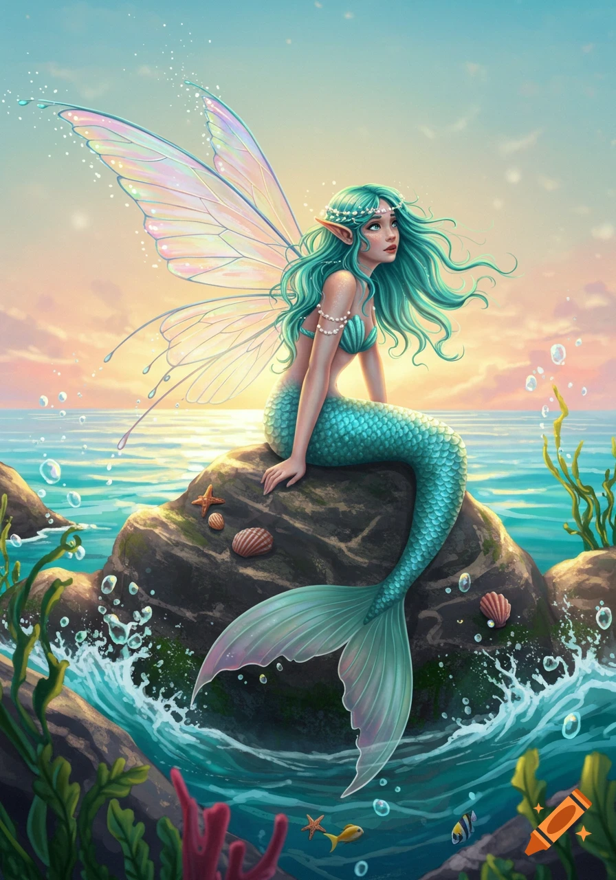 A mermaid fairy with teal hair and iridescent wings sits on a rock in the ocean at sunset.