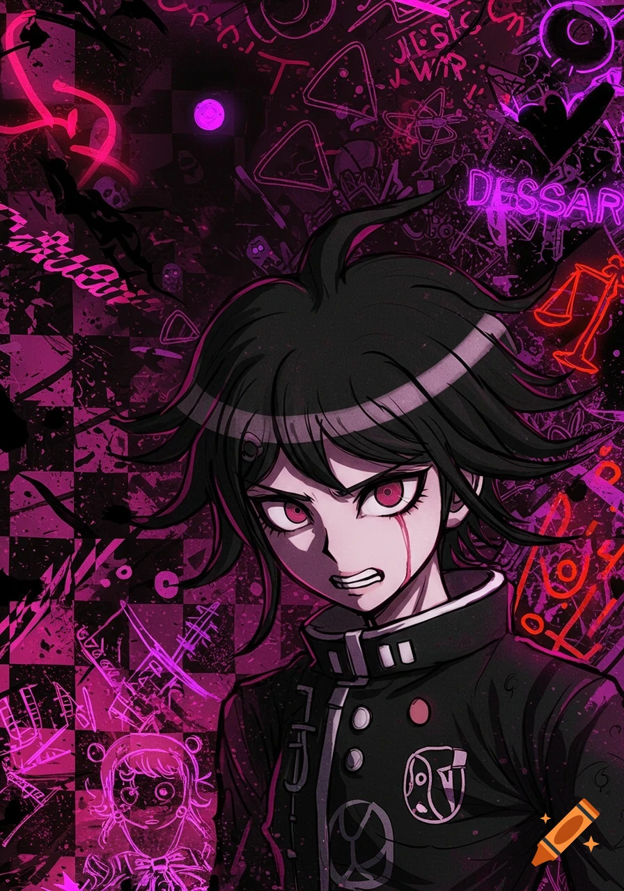 Anime-style illustration of a male character with black hair and red eyes with blood-like tears, against a dark pink and black background with neon graffiti.