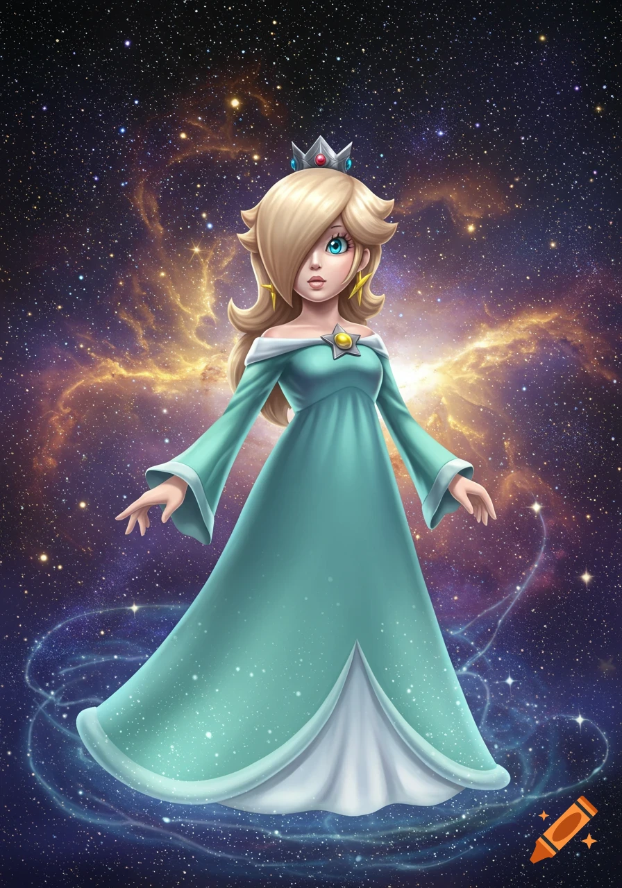Stylized illustration of Rosalina from Mario, wearing a teal dress and crown, against a colorful starry galaxy background.