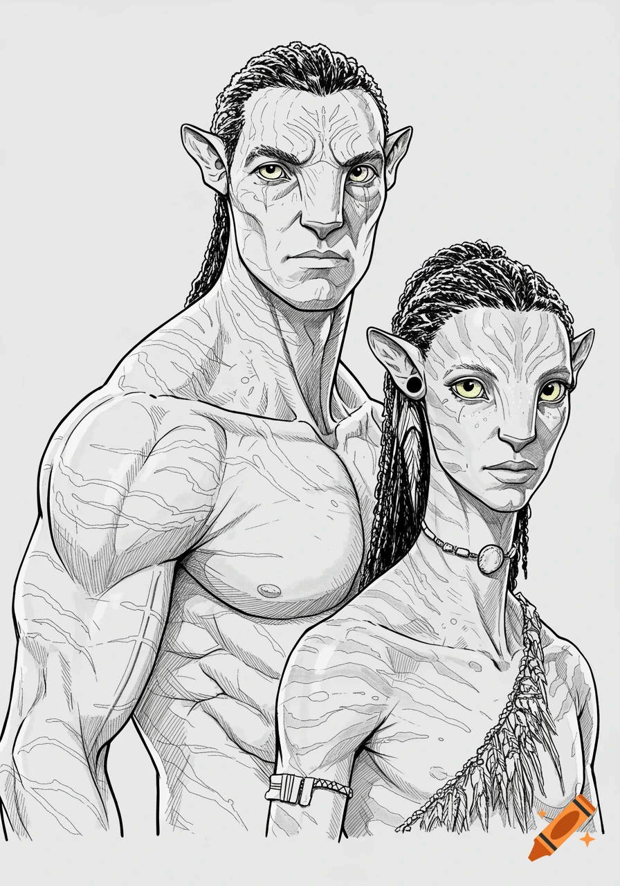 Line art drawing of two Na'vi characters from Avatar, a muscular male and a female, looking forward.