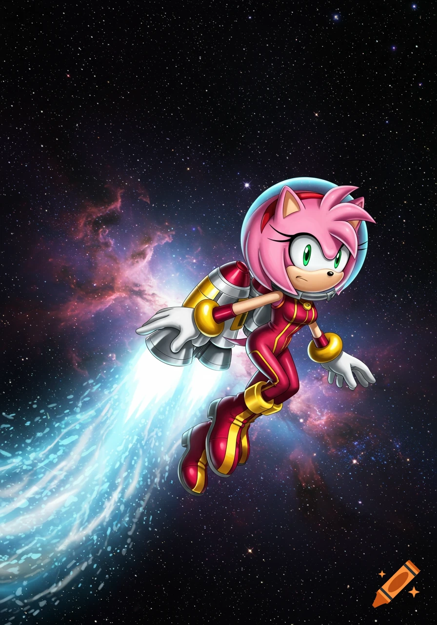 Amy Rose, a pink hedgehog in a red superhero space suit and helmet, flies with a jetpack through a starry nebula.