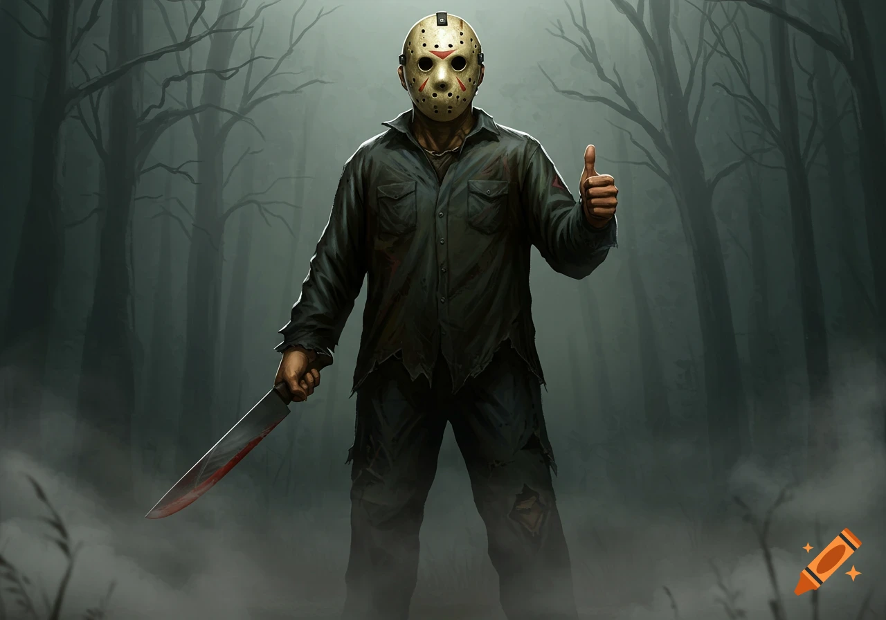 An illustration of Jason Voorhees holding a bloody machete and giving a thumbs up in a dark, misty forest.