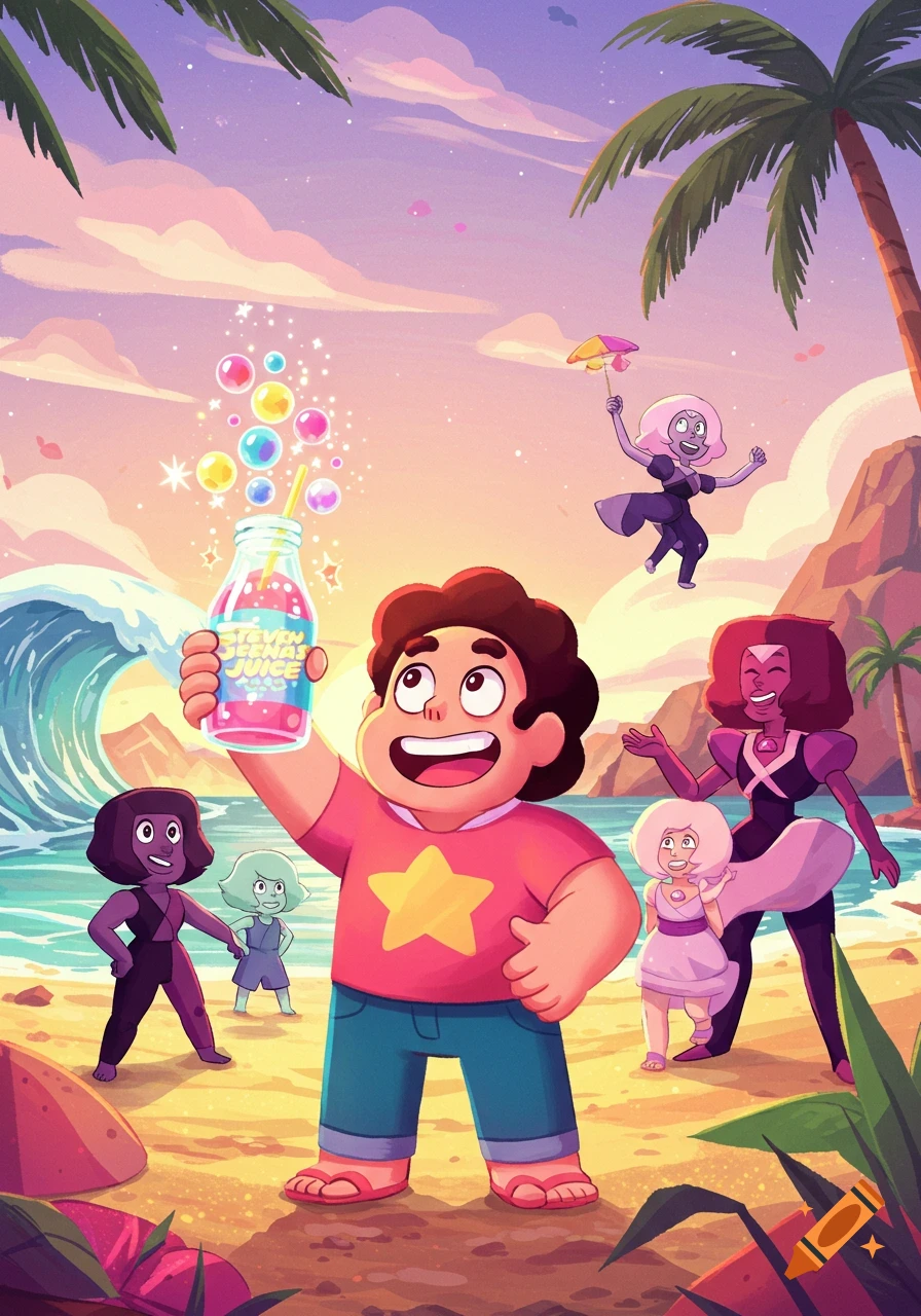 Steven, holding a glowing juice bottle, stands on a sunny beach with Garnet, Amethyst, and other characters, palm trees, and a wave in the background.
