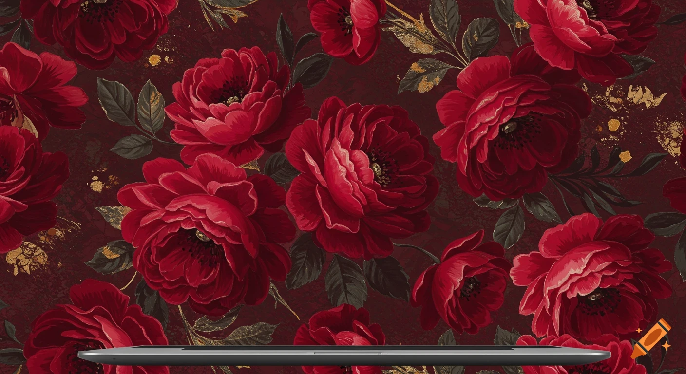 A vibrant red floral pattern with gold accents covers the background, with the top edge of a silver laptop visible at the bottom.
