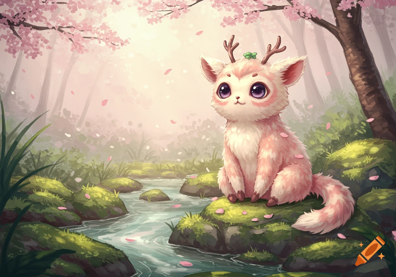 A cute, fluffy pink and white creature with antlers sits on a mossy rock in a stream, surrounded by falling cherry blossoms in a misty forest.