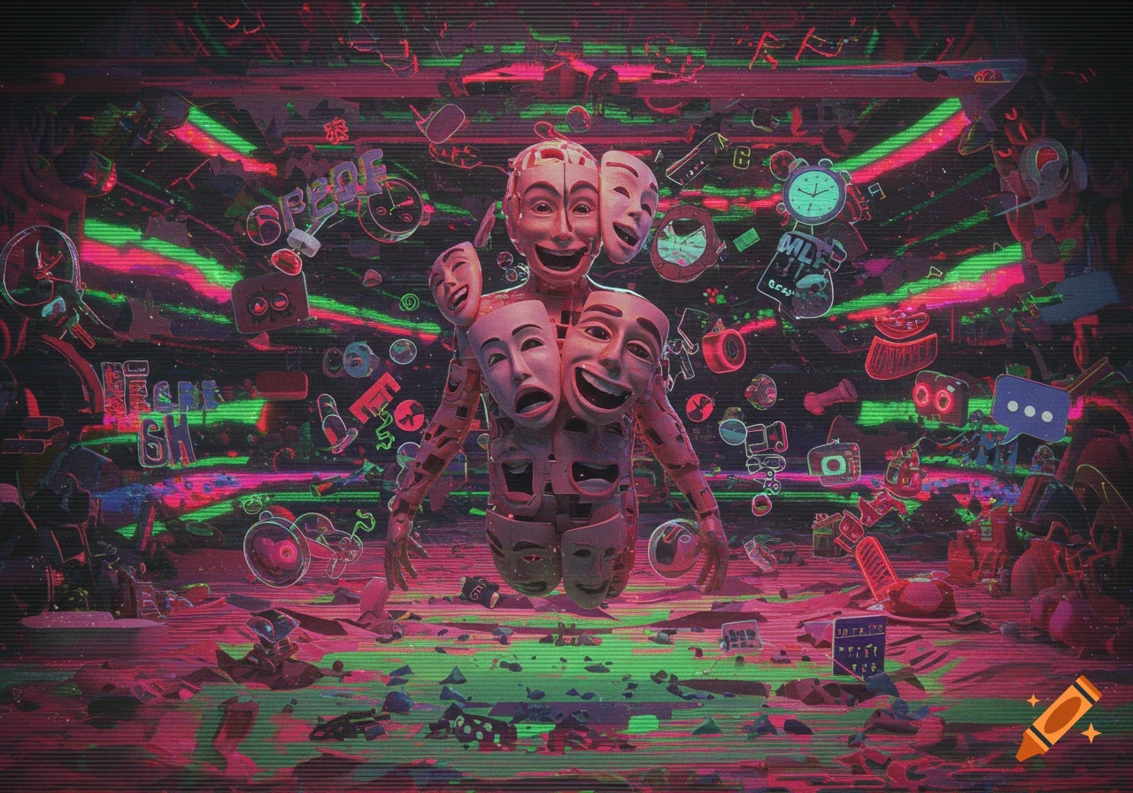 A surreal, glitchy image of a humanoid figure made of theatrical masks, floating amidst scattered objects and broken pieces, rendered with vibrant neon pink and green scanlines on a dark background.