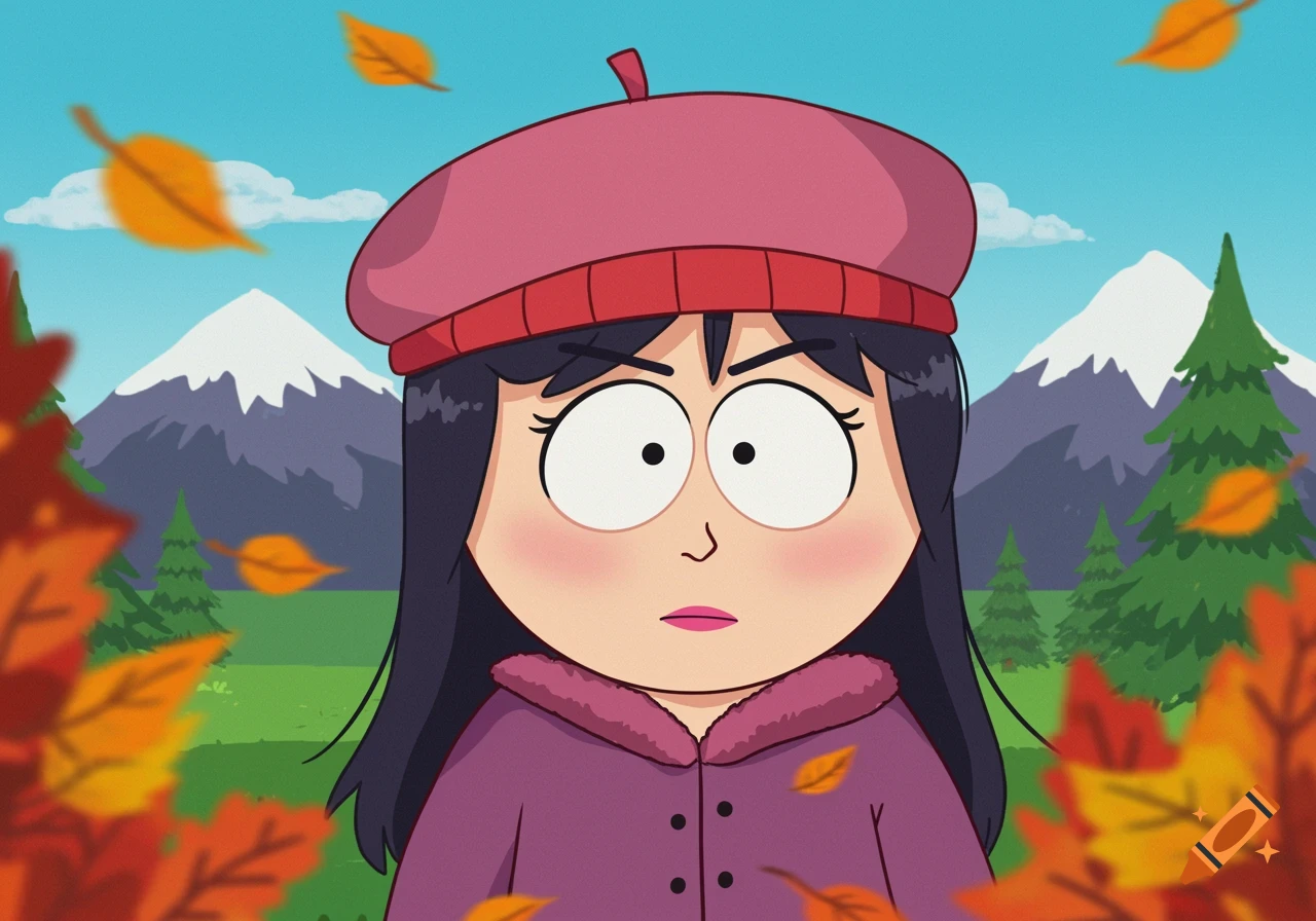 A cartoon character resembling Wendy from South Park, wearing a pink beret and purple coat, stands in an autumn landscape with falling leaves and mountains in the background.