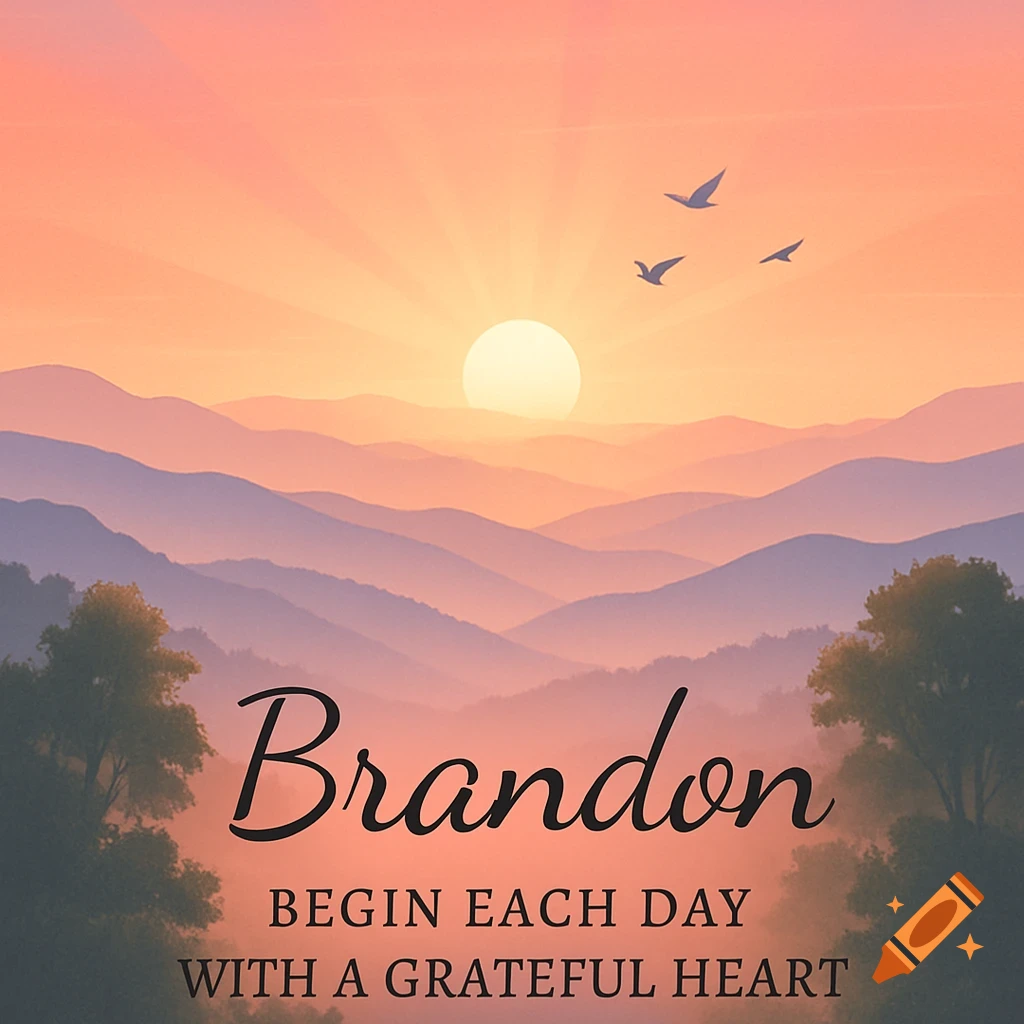 Stylized sunset over layered mountains with three birds and text: Brandon BEGIN EACH DAY WITH A GRATEFUL HEART.