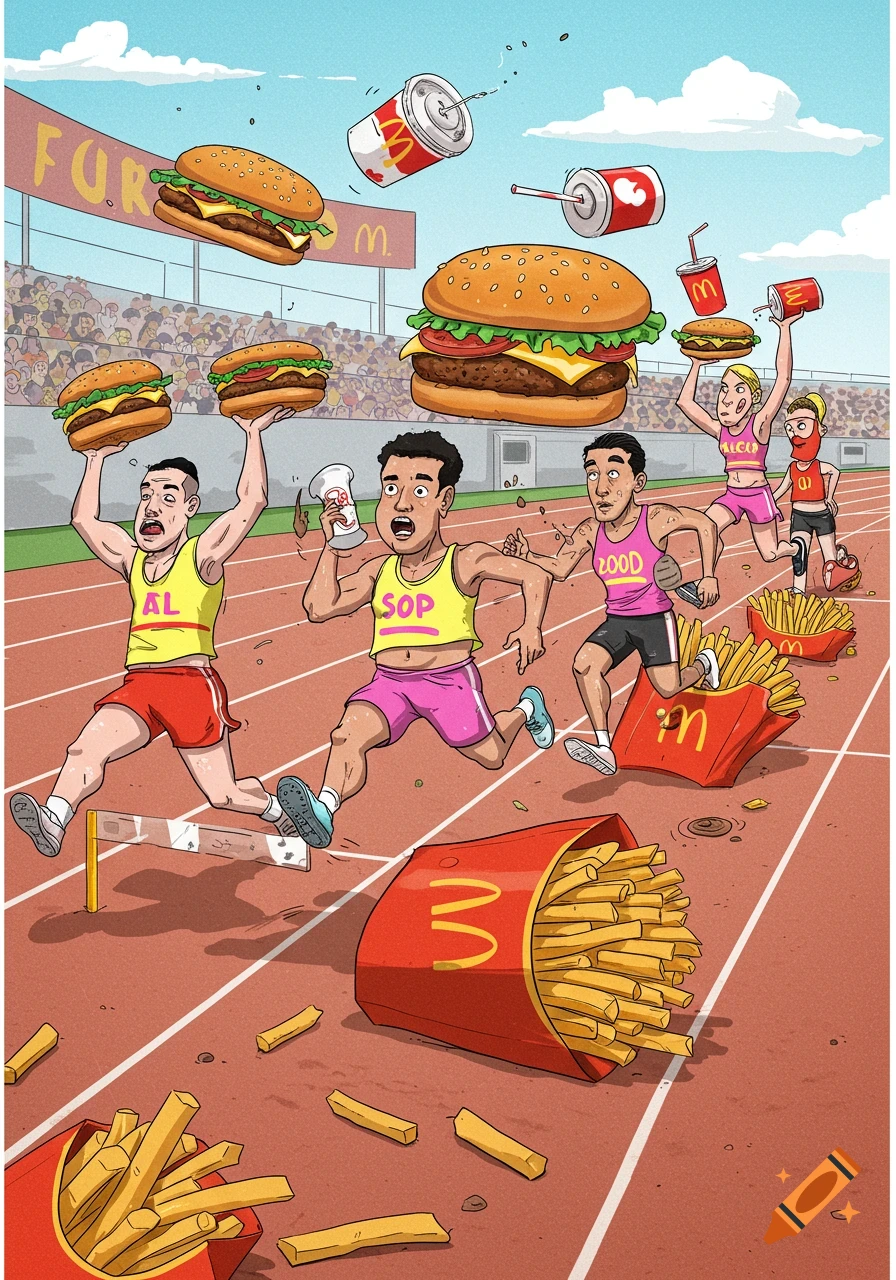 Cartoon illustration of athletes running a hurdle race on a track, but instead of hurdles, they are tripping over large boxes of McDonald's fries. They are also holding and dropping burgers and soda cups, with more fast food items floating around the track. A stadium banner reads "FUR" in the background.
