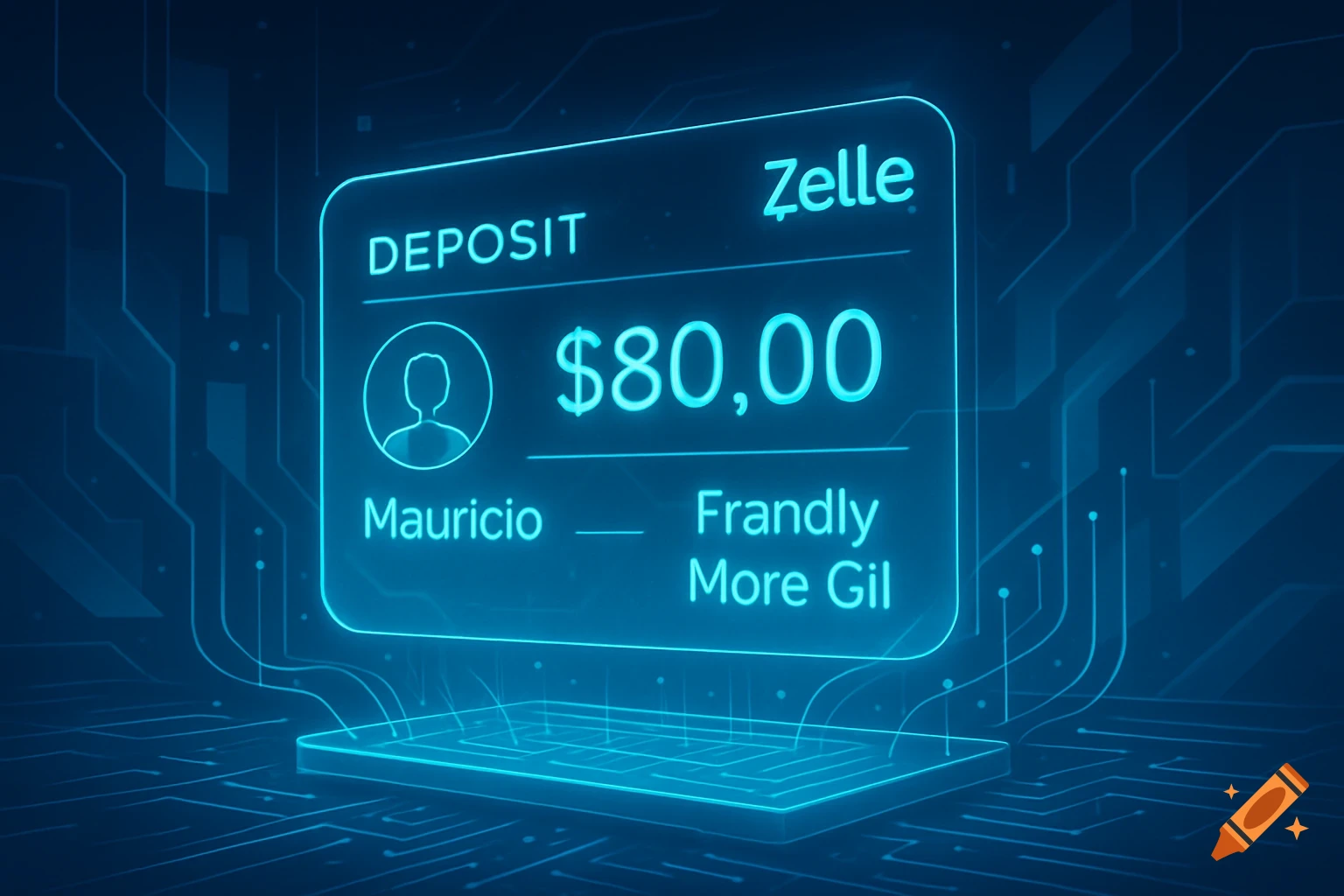 A glowing blue holographic screen displays a Zelle deposit of $80 from Frandly More Gil to Mauricio, on a circuit background.
