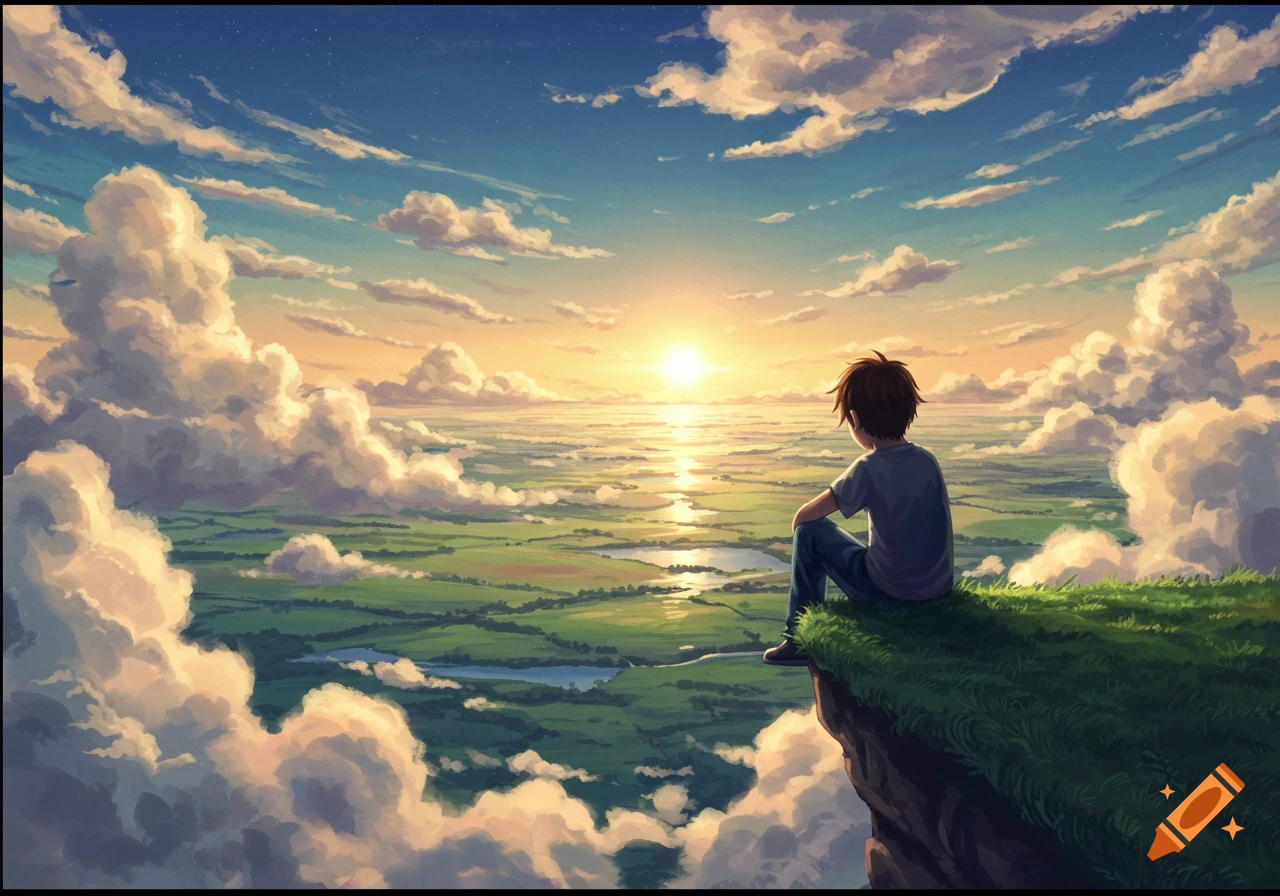 An anime boy sits on a grassy cliff edge, looking out over a vast green landscape with lakes and a bright sunset under a cloudy sky.