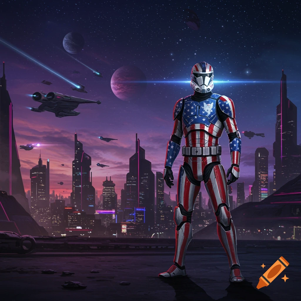 A futuristic soldier in American flag armor stands on a rooftop overlooking a vibrant sci-fi city under a starry sky with planets and spaceships.