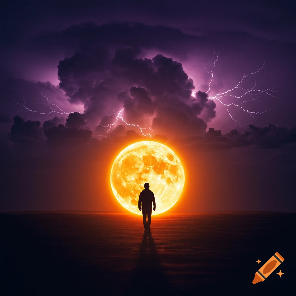 A silhouette of a man stands before a large glowing orange moon under a stormy purple sky with lightning.
