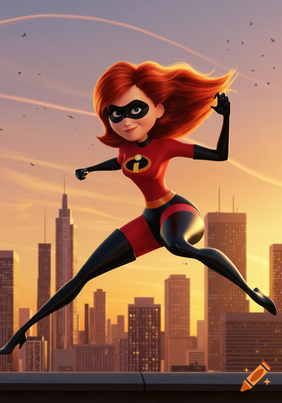 Elastigirl in her red and black superhero suit leaps over a city skyline at sunset, rendered in a 3D animated style.