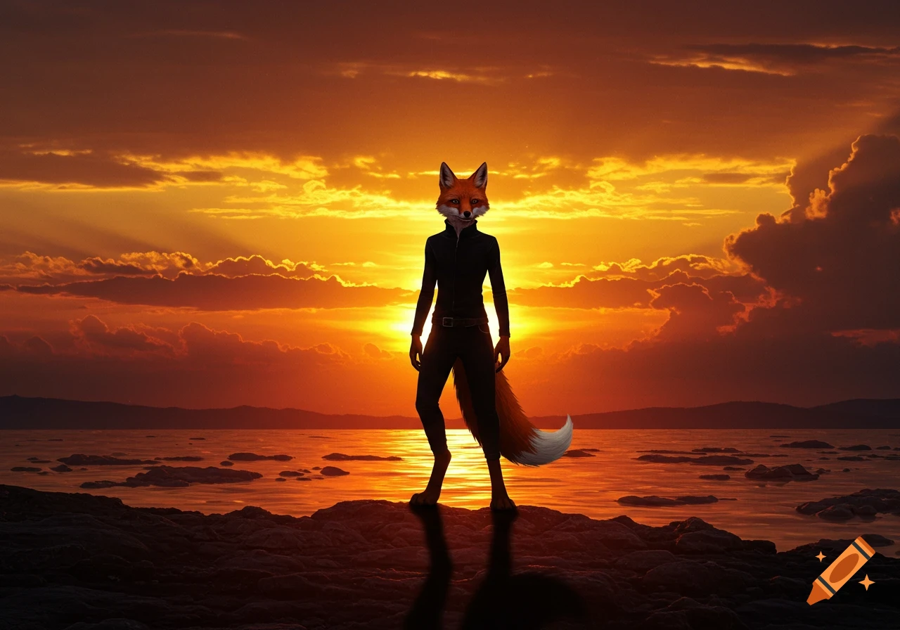 A photorealistic humanoid fox character in black clothing stands silhouetted against a vibrant orange and yellow sunset over water.