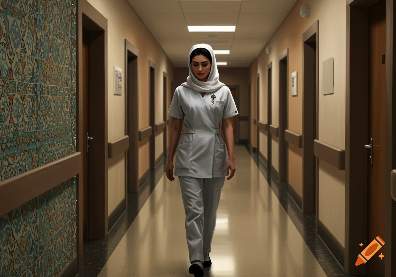 A photorealistic image of a female nurse in a light gray uniform and white hijab walking down a hospital hallway.