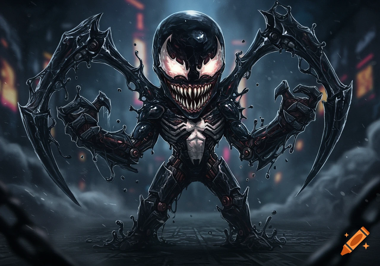 A menacing chibi-style black Venom robot with glowing eyes and sharp teeth stands in a dark urban setting.