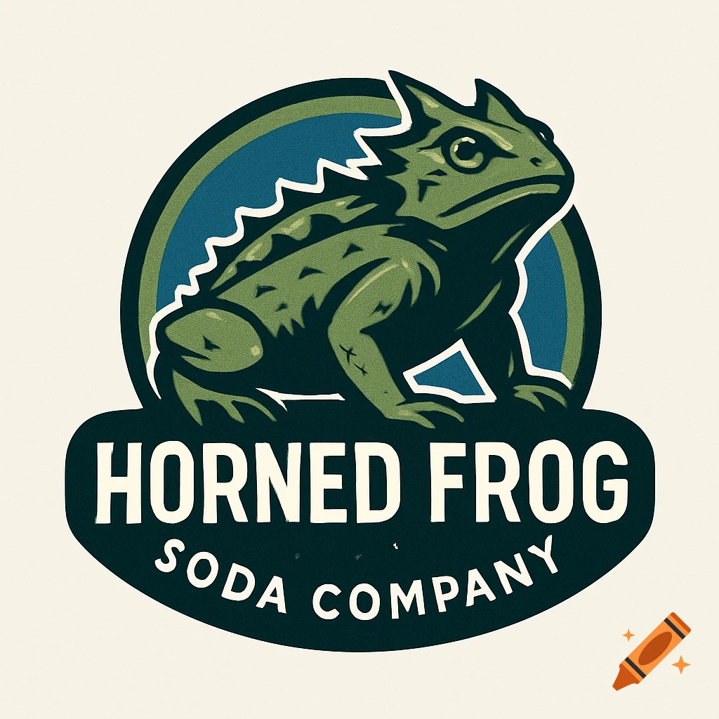 A vintage-style logo with a green horned frog on a dark green and blue background, text reads 'Horned Frog Soda Company'.