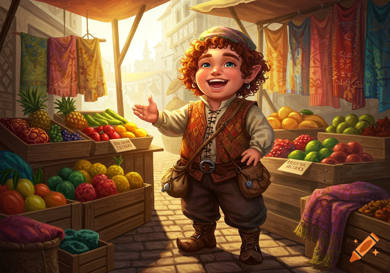A giddy, cartoonish halfling merchant with red curly hair smiles at a vibrant outdoor market stall filled with colorful fruits and vegetables.