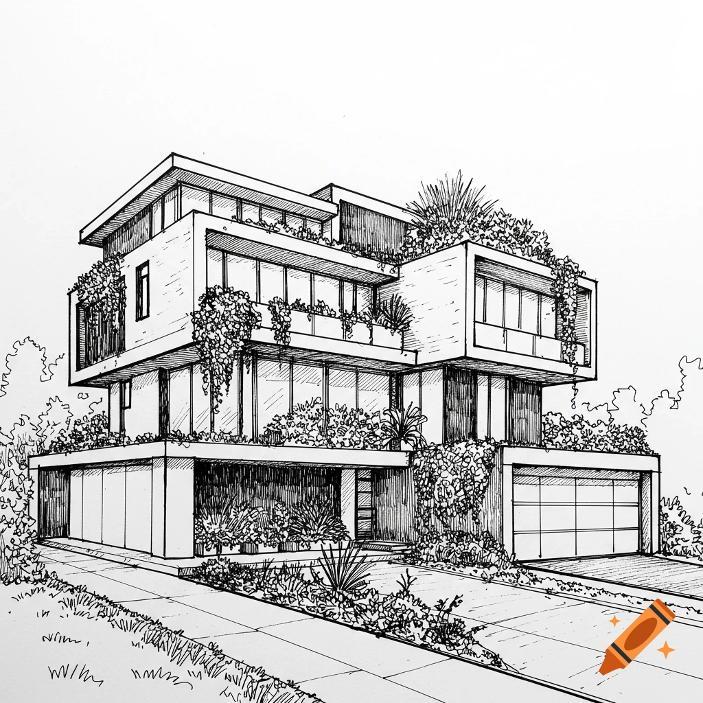 A black and white pen sketch of a modern, multi-story house with many plants on balconies and rooftops.