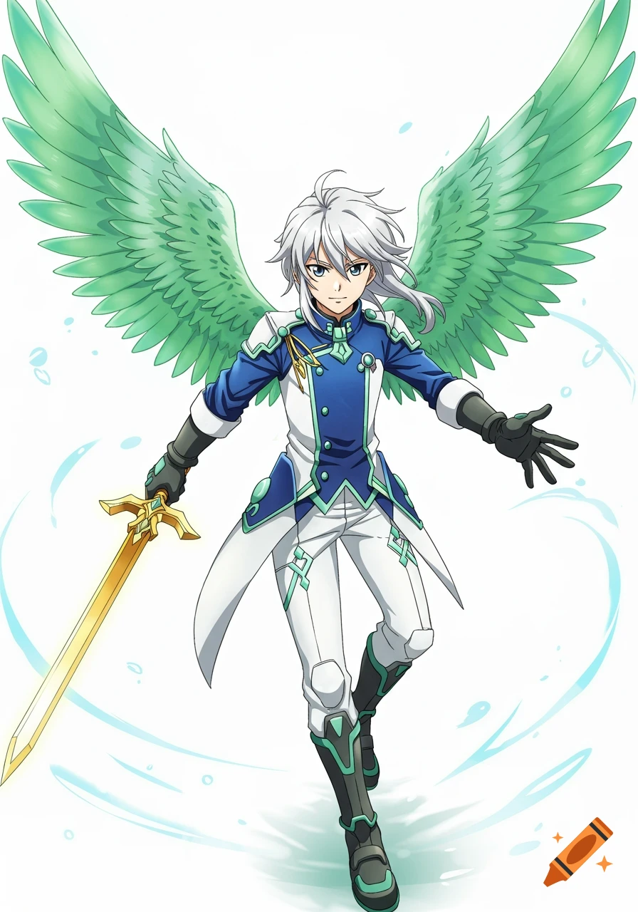 A young male anime character with white hair, green wings, and a golden sword, wearing a blue and white uniform, against a white background.