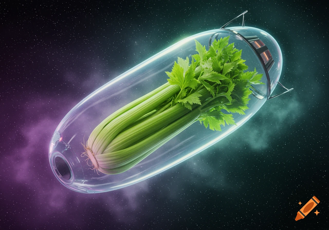 A large stalk of green celery is contained within a clear, futuristic pod, floating among stars and colorful nebulae in deep space.