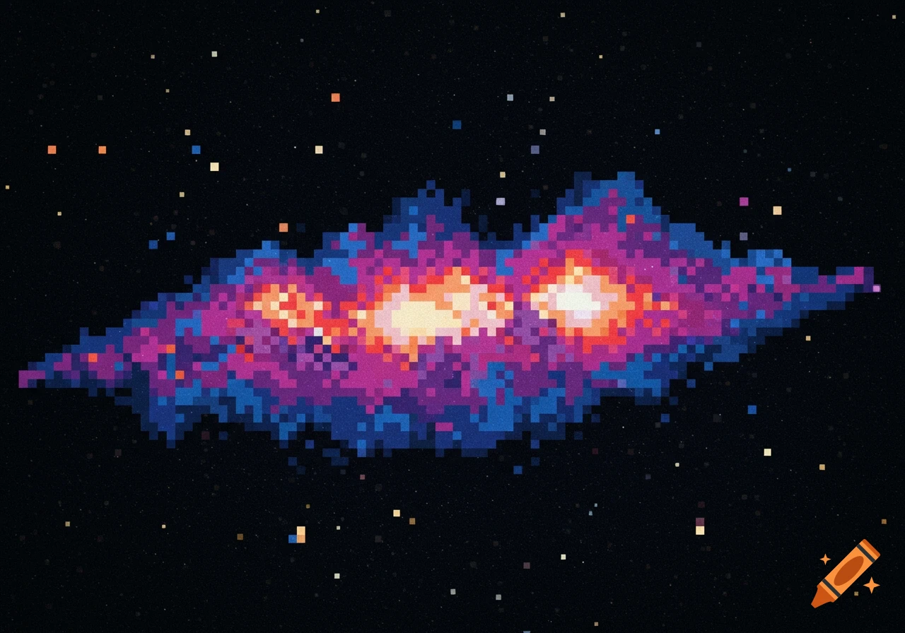 A pixelated 8-bit rendition of a colorful nebula against a starry black sky.