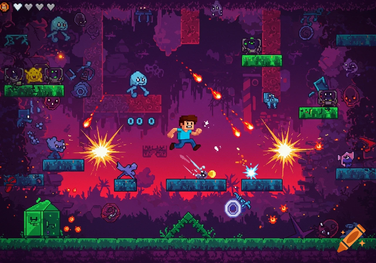 Pixel art video game scene: character battles enemies with fireballs, running on platforms in a vibrant purple and red landscape.