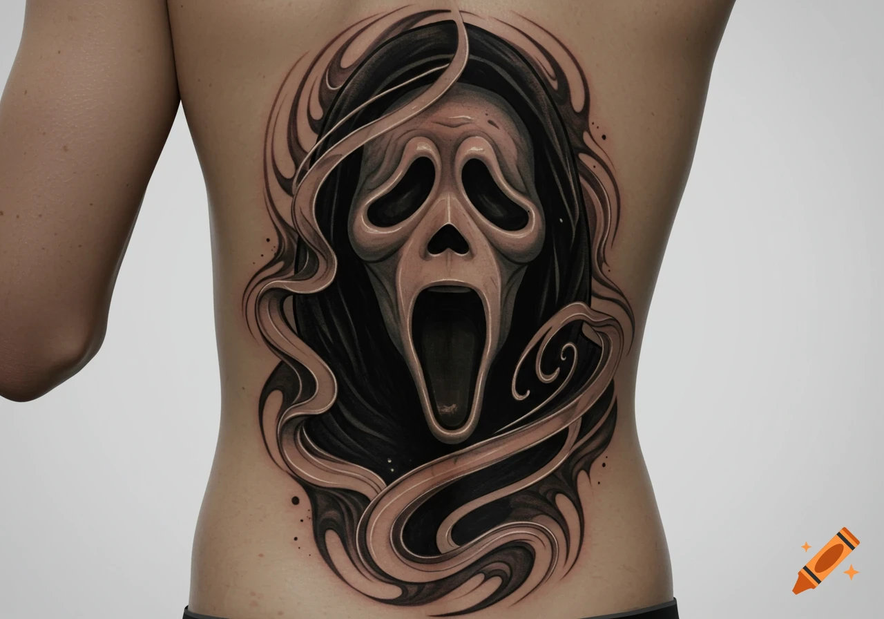 A detailed tattoo of the Ghostface mask with swirling lines on a person's back.