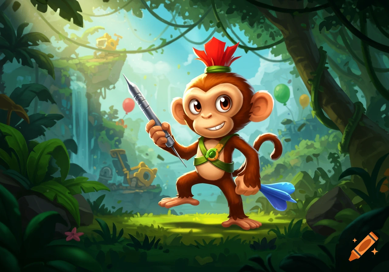A cute cartoon monkey with a red mohawk and green harness holds a dart, standing in a lush jungle with balloons and waterfall.