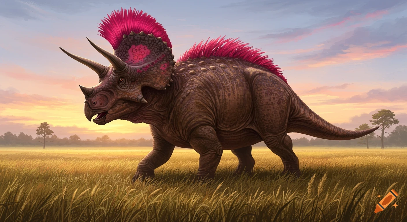 A brown triceratops with a bright pink mohawk walks through a grassy field at sunset.