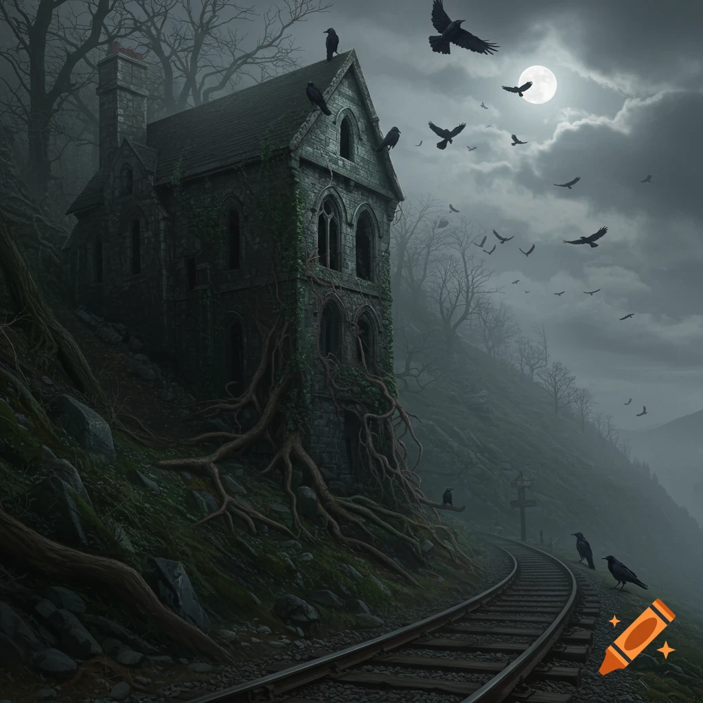 A dark gothic house overgrown with roots on a misty hill beside train tracks, under a full moon with crows flying and perched.