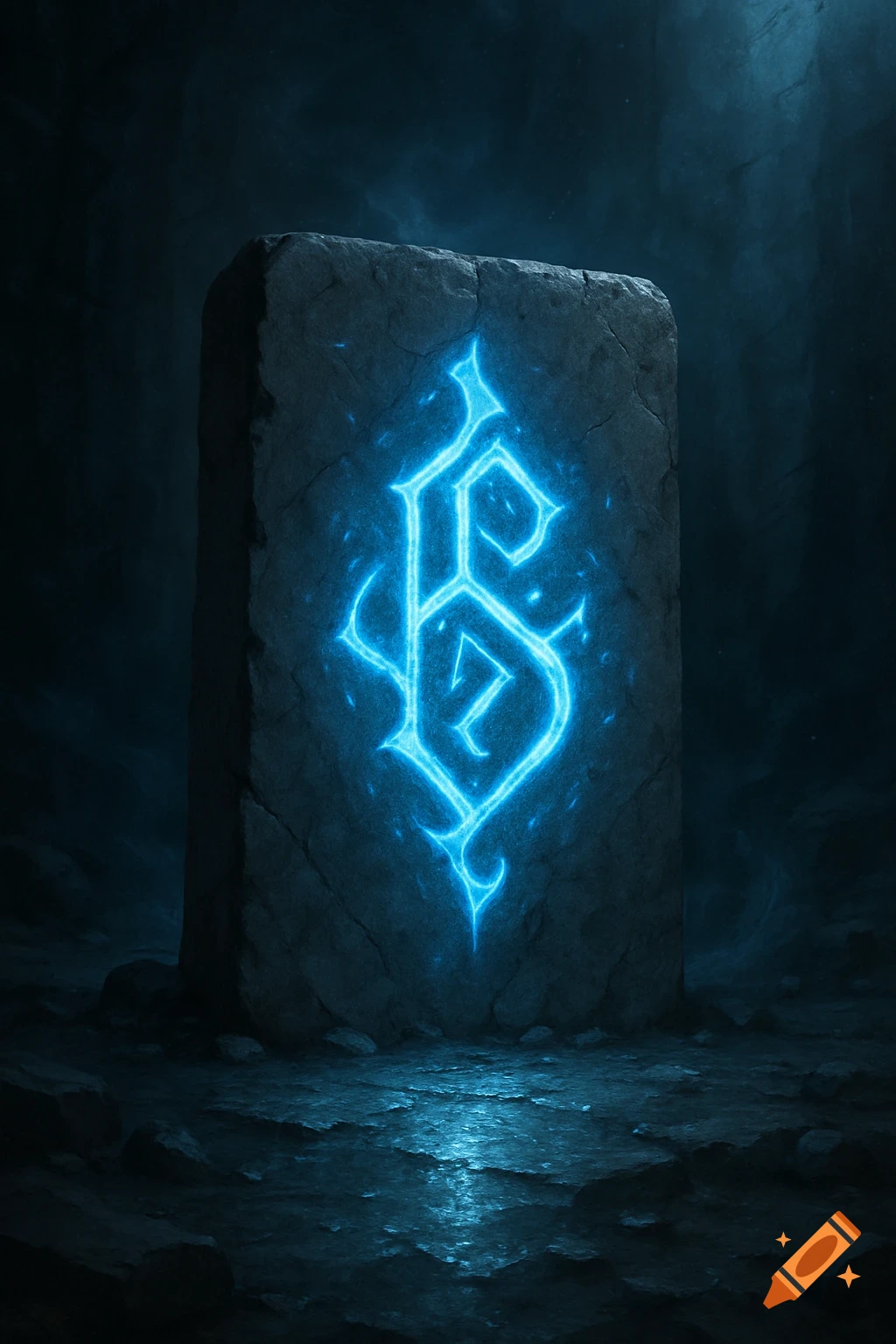 A glowing blue Delta Rune symbol carved into a dark stone slab in a cavern.
