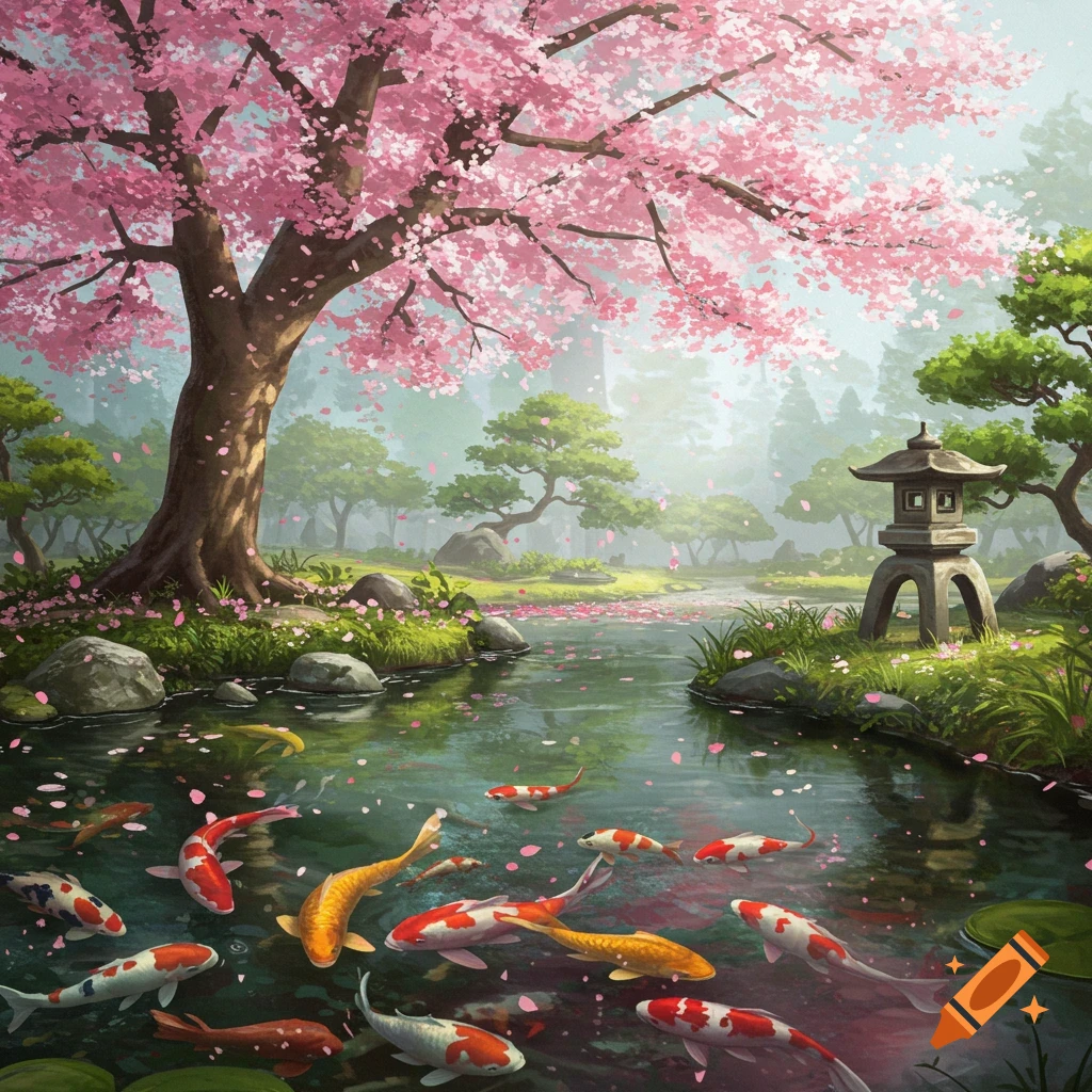 A vibrant Japanese garden scene with a large cherry blossom tree shedding pink petals onto a pond filled with colorful koi fish.