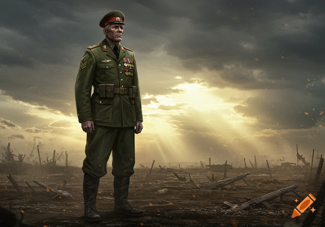 A veteran soldier in a green uniform with medals stands in a desolate, war-torn landscape under a dramatic cloudy sky with sun rays.