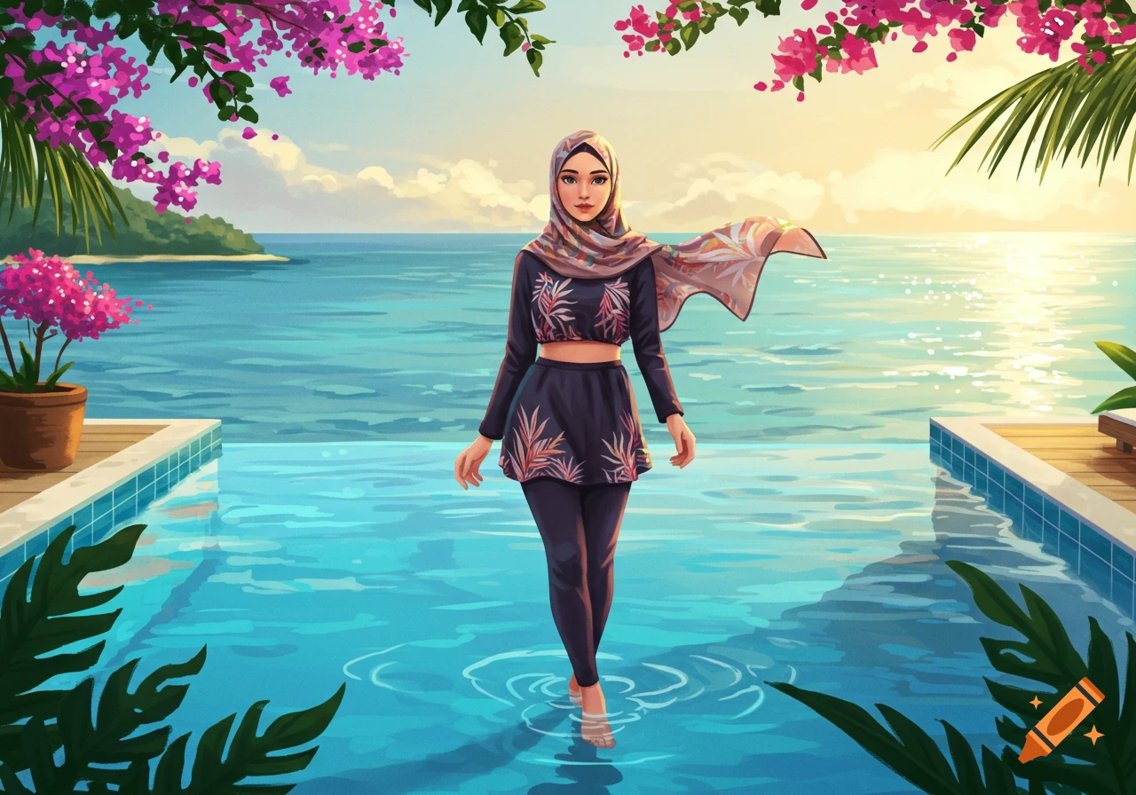 An illustration of a hijabi girl in a two-piece swimsuit standing in an infinity pool overlooking a tropical ocean at sunset.