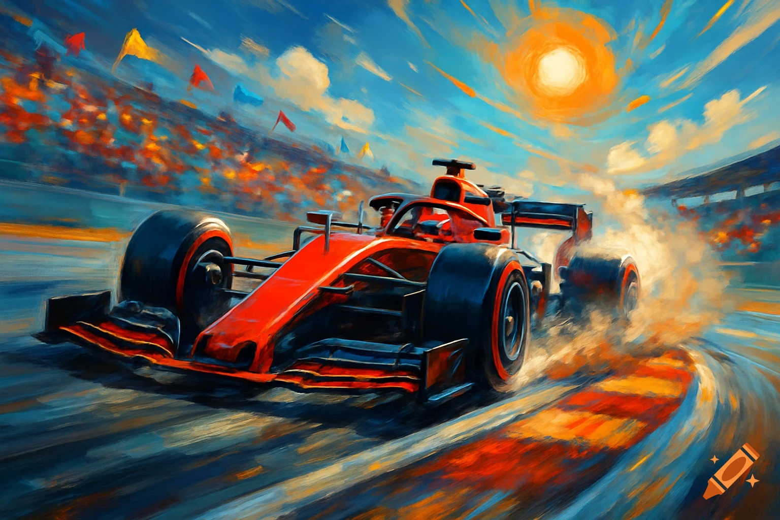 A vibrant, painterly digital illustration of a red Formula 1 race car speeding around a track under a bright sun, with spectators in the background.
