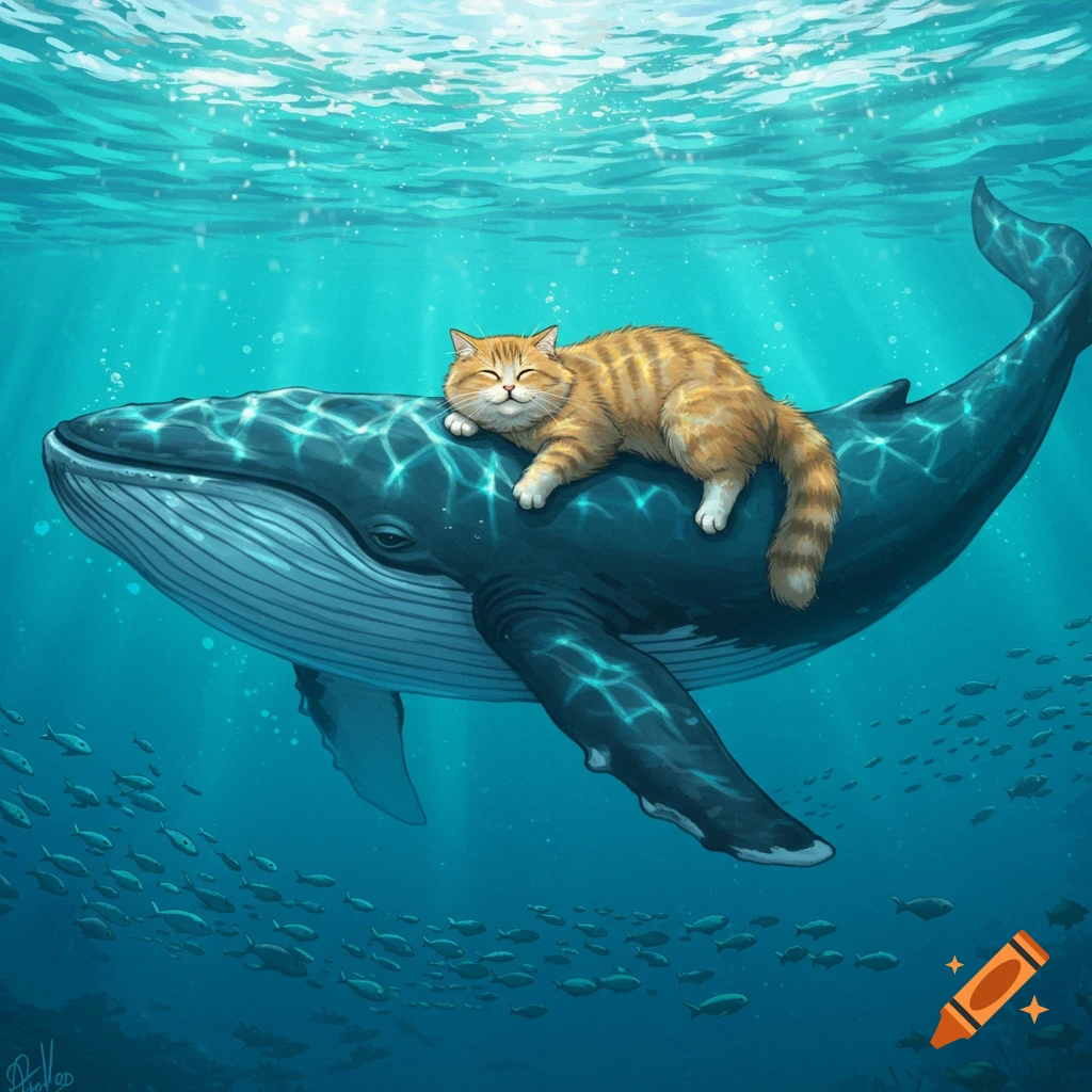 An illustration of a contented ginger tabby cat sleeping on the back of a large blue whale underwater, with light rays and fish.