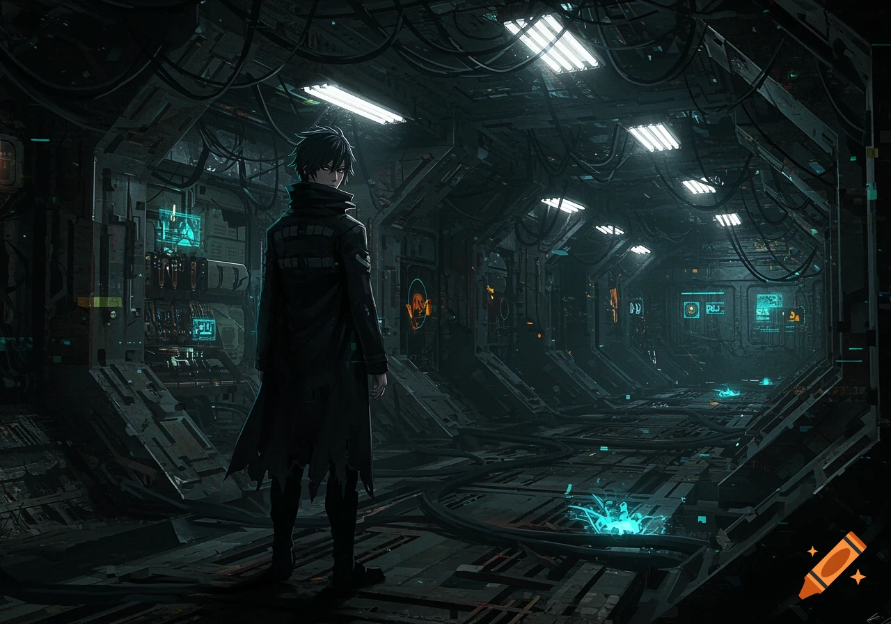 An anime character in a dark, dilapidated futuristic sci-fi corridor with glowing screens and wires.