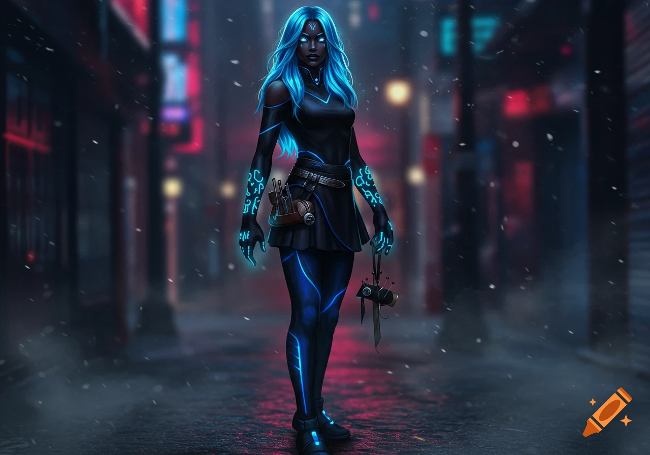 A stylized woman with glowing blue hair and eyes, wearing a black outfit with blue neon lines and runes, stands in a dark, snowy city street.