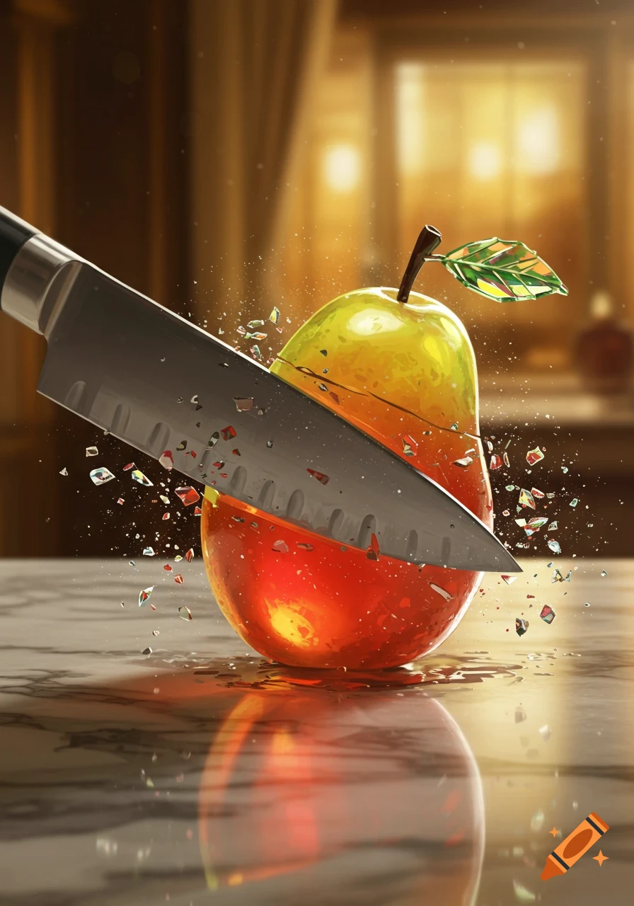 A chef's knife slices a vibrant glass pear, sending shards flying, on a reflective marble counter in a sunlit room.