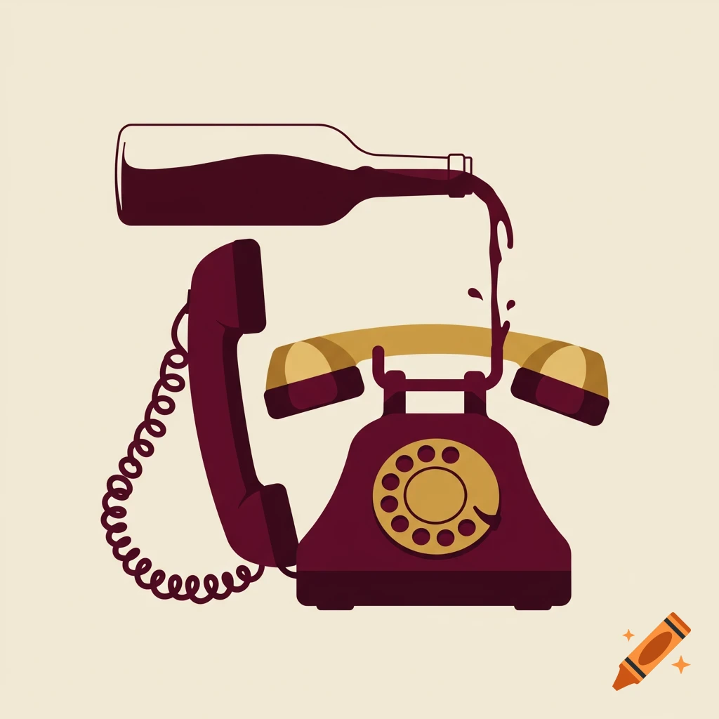 A stylized illustration of a red wine bottle pouring wine onto a vintage, deep red rotary telephone.