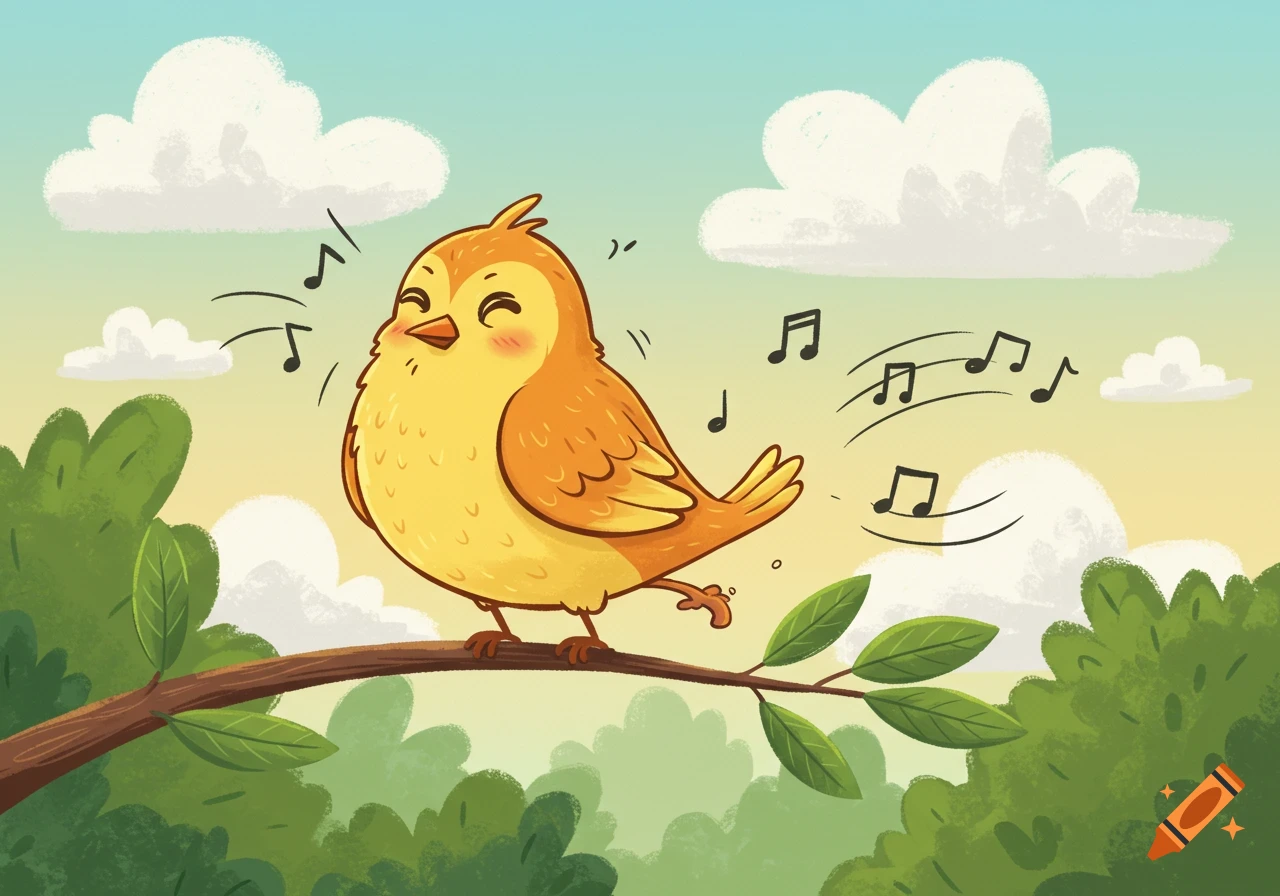 A cheerful cartoon bird with yellow and orange feathers sings on a tree branch, with musical notes floating in the air against a blue and yellow sky.