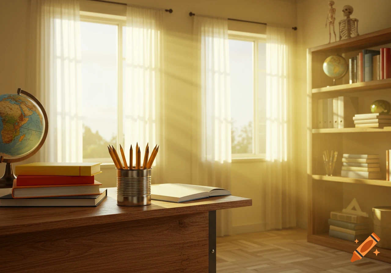 Photorealistic study room with a desk, globe, books, and pencils, bathed in sunlight from two windows.