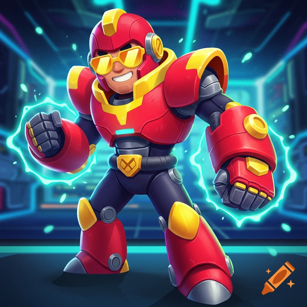 A cartoonish superhero character, Surge from Brawl Stars, in a red and yellow armored suit with sunglasses, glowing with blue electric energy.