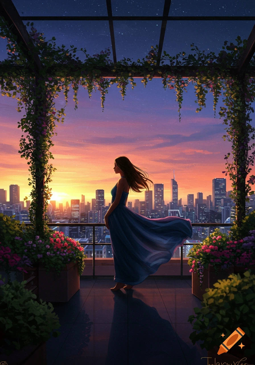 A woman in a flowing dress stands on a plant-filled balcony overlooking a city skyline at sunset, an illustration.