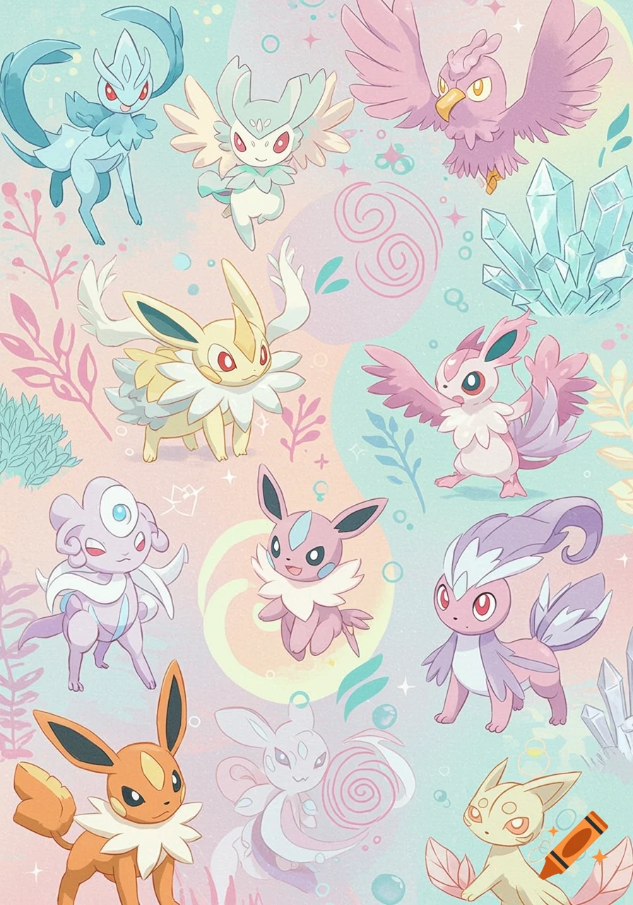 A pastel-colored illustration featuring multiple stylized fantasy creatures resembling Pokémon, with crystals and foliage on a light patterned background.