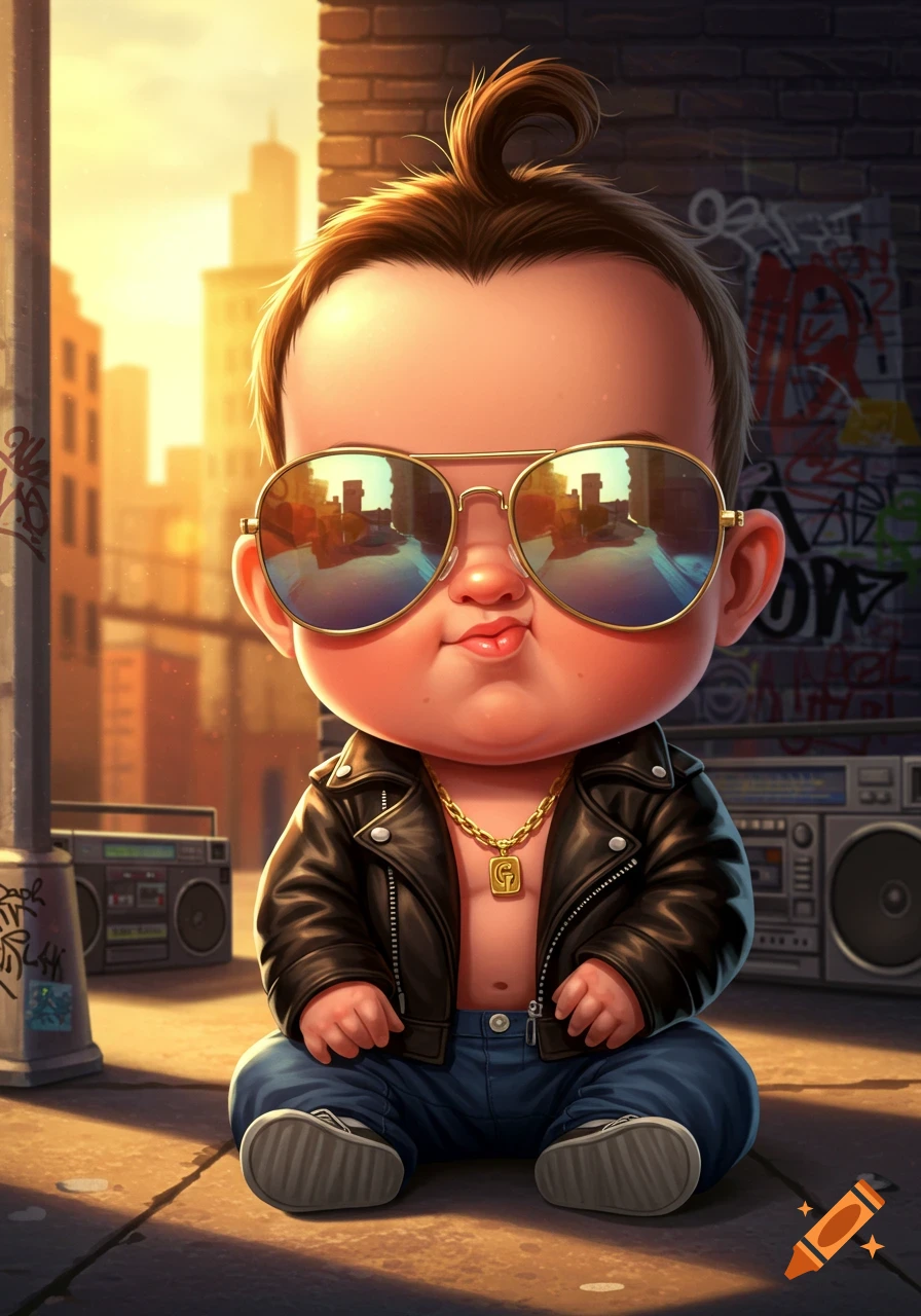 A stylized cartoon baby with a pompadour, sunglasses, a leather jacket, gold chain with a 'G' pendant, and jeans, sitting on a sidewalk with city buildings and graffiti in the background.